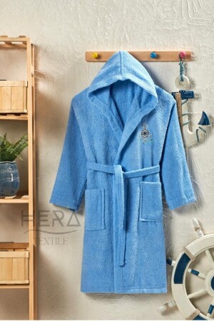 Blue Cotton Boys' and Girls' Young Children's Bathrobe with Hooded and Belt - Hera