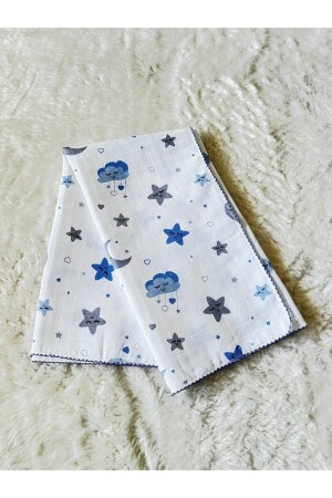 Blue Crescent and Star Cloud Patterned Muslin Baby Boy Swaddle Blanket - Anne Dokunuşu Gibi Kuzum Bebe