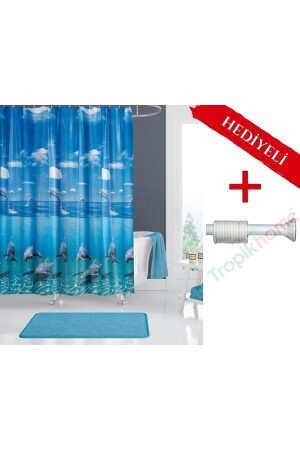 Blue Dolphin Pattern Bath Curtain - Blue Color Shower Curtain C-ring Polyester Bath Curtain with Hanger Gift - Tropikhome