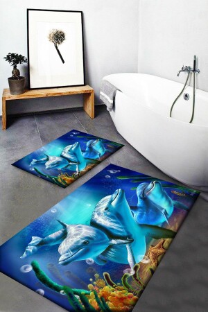 Blue Dolphins Patterned Washable Non-Slip Base 2-Piece Bathroom Rug - 3D Else Hali