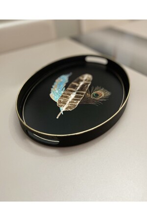Blue Feather Pattern Oval Large Serving Tea Coffee Presentation Tray 0076 - Panoramas Home