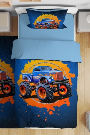 Blue Fire Monster Truck Patterned Single Baby Kids Duvet Cover Set evnev00241 - Evpanya