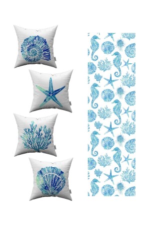 Blue Marine Patterned 4-Piece Throw Pillow Case 1 Runner Set 4kmbs88-rs - Cango Home