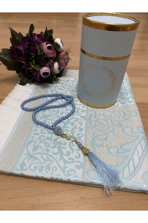 Blue Prayer Rug Set with Dowry Gift Box Luxury Taffeta Prayer Rug - Ayhanhome