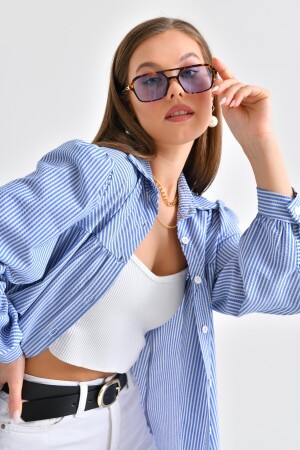 Blue Striped Wrinkled Fabric with Oblique Yoke and Gathering Detail - Saade
