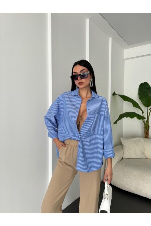 Blue White Striped Oversize Pocket Shirt 27135 - Minaaise