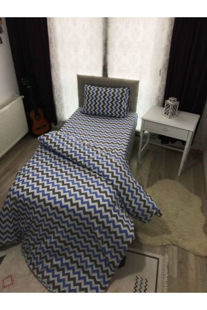 Blue Zigzag Cotton Single Teenage Room Duvet Cover Set (WITH RUBBER SHEET) 1SNR1ZGS - SNR HOME COLLECTION
