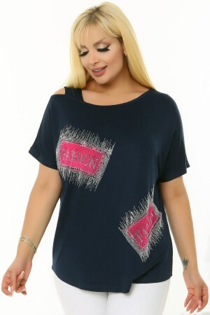 Boat Round Neck Window Shoulder Stone Printed Short Bat Sleeve Flexible Comfortable Cut Lycra Blouse - Kheos