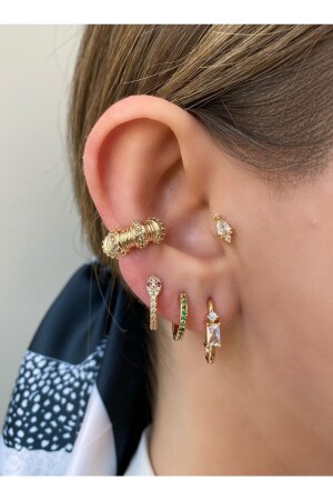 Boğumlu Taşlı Gold Kıkırdak Küpe ( Earcuff ) - Pinery Jewels