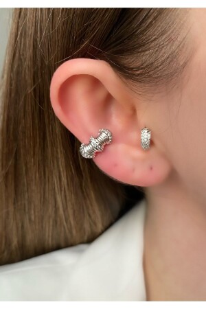 Boğumlu Taşlı Gümüş Kıkırdak Küpe ( Earcuff ) - Pinery Jewels