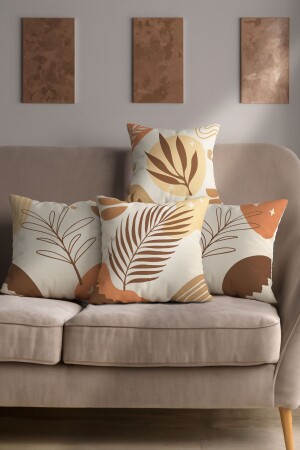 Bohemian Flat Art Design Boho Style Set of 4 Digital Printed Throw Pillow Covers in Brown and Cream Colors - Şah Dekor