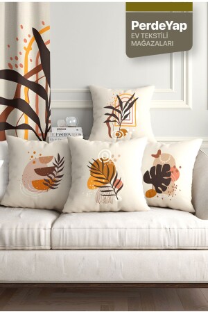 Bohemian Wall Paintings Leaves Patterned Set of 4 Digital Printed Throw Pillow Covers 43 x 43 Cm Cream 044 - Perdeyap1980