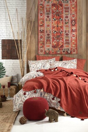 Boho Chic Double Duvet Cover Set with Tasseled Blankets - Cinnamon OST91501 - İyi Geceler İstanbul