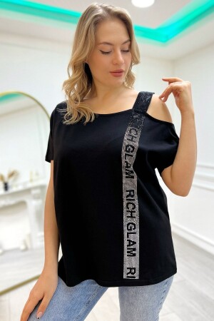 Bol Kesim Büyük Beden Tek Omzu Açık Crystal Taşlı Kadın Kısa Kol Pamuk Siyah T-shirt - Rich Glam