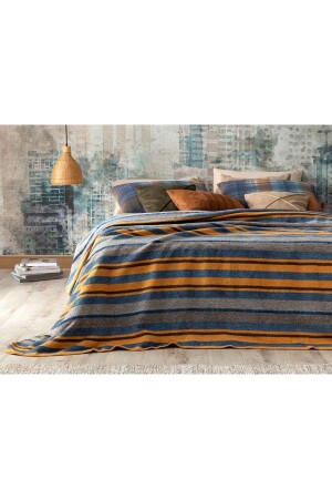 Bold Stripe Cotton Double Blanket 200x220 Cm Mustard - Blue 10033028 - English Home