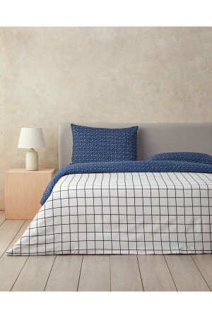 Border Check Double Duvet Cover Set Navy Blue - English Home