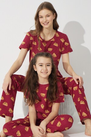 Bordo Ayıcık Desenli Pamuklu Likralı Pijama Takım 7624 - Siyah İnci