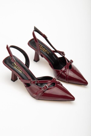Bordo Mat Rugan Sivri Burun Bantlı Tokalı Burun Kapalı Arkası Açık Topuklu Stiletto Ayakkabı - Denora