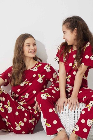 Bordo Tavşan Desenli Pamuklu Örme Pijama Takım 7624 - Siyah İnci