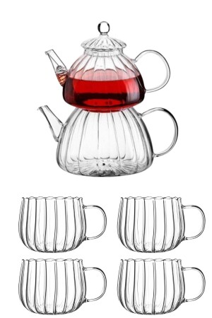 Borosilicate Sliced ​​Glass Teapot & 4 Pieces Sliced ​​Glass Mug kbr-bb910120 - morponi