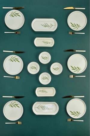 Botanical Green Camellia Leaf Patterned Luxury Ceramic 14 Piece Breakfast Set for 6 People - Erbaşlar