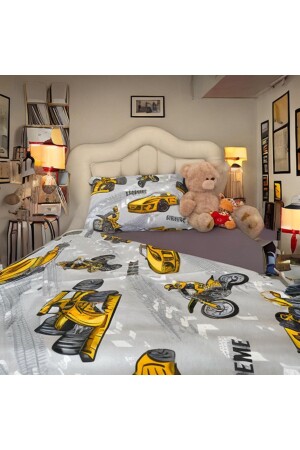 Boy's Yellow Car Motor 4 Piece 100% Cotton Single Duvet Cover Set 159753987654347 - Arkelite Home