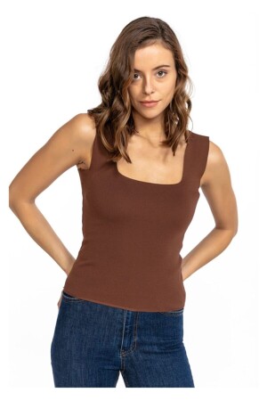 Braune Damen-Strickbluse mit quadratischem Kragen für Sportler - Pinpery