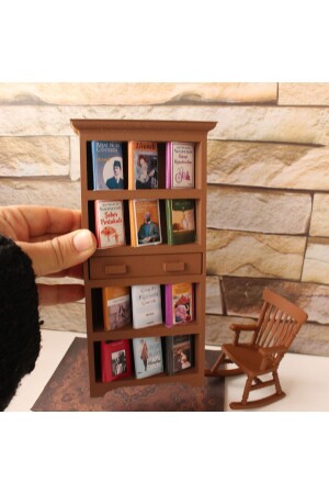 Braunes Miniatur-Bücherregal, kleines Bücher-Dekorationsobjekt mit Schubladen, 3 Tonnen - Trendin Yolu