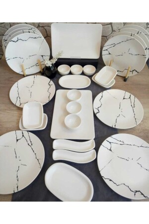 Breakfast Set for 12 Persons 28 Pieces Matte Cream Marble Pattern - Bera