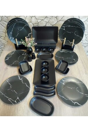 Breakfast Set for 12 Persons 30 Pieces Matte Black Marble Pattern 3656000bera - Bera