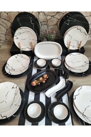 Breakfast Set for 12 Persons 38 Pieces Matte Black and White Marble Pattern 53737bera - Bera