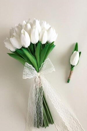 Bridal Bouquet White Wet Tulip Boutonniere - Fesleğen Çiçek