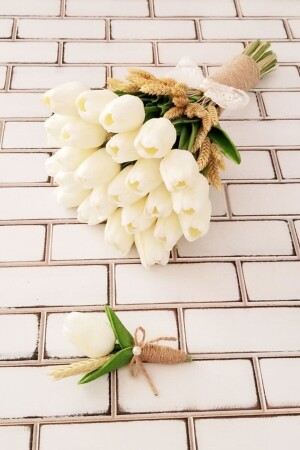 Bridal Bouquet White Wet Tulip Dry Spike Feast Set of 2 - Yapay Çiçek Deposu