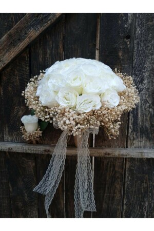Bride Bouquet Shocked Chipsolu Cream Rose Groom Boutonniere 0030 - fesleğen çiçek