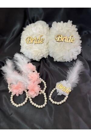 Bride Slippers with Gold Written + 1 Bride Bracelet + 5 Bridesmaid Bracelets Powder Pink - Emirhan Lazer Kesim