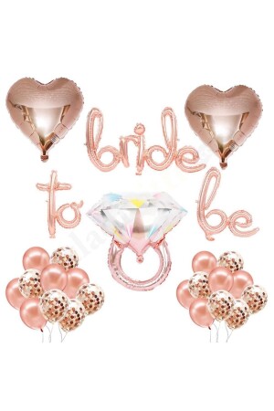Bride To Be Handwritten Rose Gold Set with Single Stone Ring and Heart Foil Balloon - Patladı Gitti