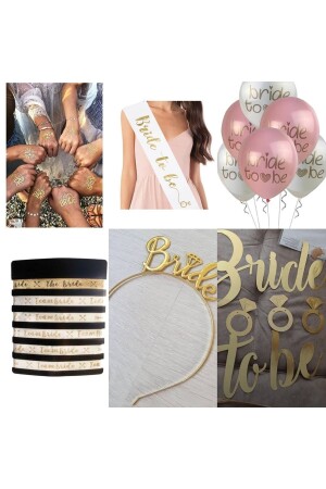 Bride To Be Set 18 Pieces 5 Temporary Tattoos - 5 Bracelets - 1 Gold Metal Crown - 1 Sash - 5 Balloons - Bride Text - Cosyfun