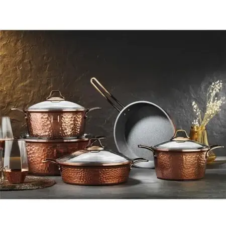 Brioni Copper 9 Parça Yanmaz Yapışmaz Bakır Görünümlü Granit Tencere Seti - BRIONI
