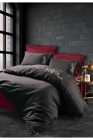 Brode Embroidered Double Satin Duvet Cover Set Sarita Claret Red 8680108055960 - Cotton Box