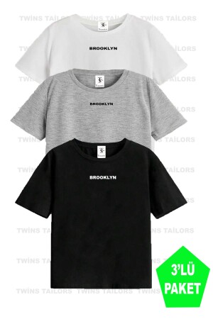 Brooklyn Baskılı 3'lü Paket Unisex Siyah-Beyaz-Gri Çocuk Tişört/T-Shirt - Twins Tailors