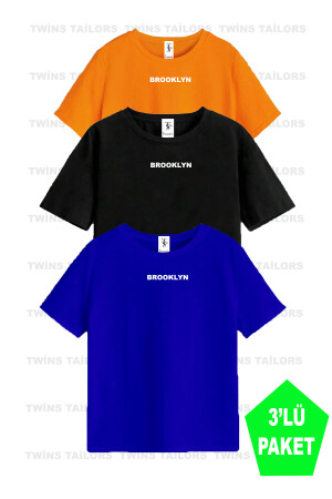 Brooklyn bedrucktes 3er-Pack Unisex-T-Shirt/T-Shirt für Kinder in Orange, Schwarz und Saxophonblau - Twins Tailors
