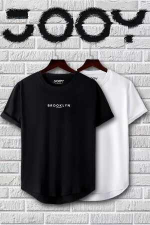 Brooklyn Baskılı Siyah Beyaz Oval Kesim Tshirt 2'li Set - Jooy Company