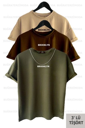 Brooklyn Baskılı Unisex Kahverengi-haki-bej (bol Kalıp) Oversize 3'lü T-shirt Paketi - Buğraterzimoda