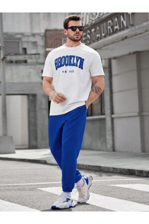 Brooklyn T-Shirt Eşofman Altı Jogger - Beyaz Sax Mavi Baskılı Eşofman Takımı Oversize Bisiklet Yaka - Dubu Butik