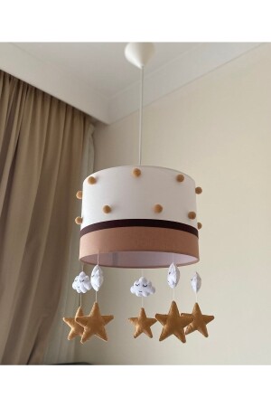 Brown and White Pompom Baby Girl or Boy Children's Room Chandelier with Pompom1 - atölye ay ışığı