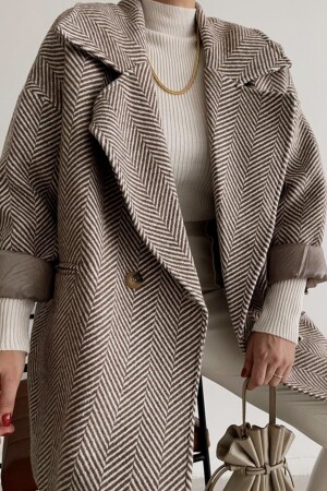 Brown Cream Herringbone Oversize Standard Size Short Coat - Suzi Butik