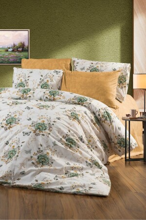 Buket Yeşil Çiçekli 6 Parça Çift Kişilik Lastikli Çarşaflı Nevresim Takımı cndn-bukethardal-çk - CANDAN ÇEYİZ
