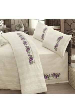 Buldan Cross Stitch Embroidered Double Duvet Cover Set-lilac EAKSBULBC377MT - Mandaş