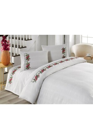 Buldan Handicraft Authentic Cross Stitched Double White Boxed Duvet Cover Set 123LILA, 123RED - Durul
