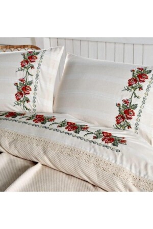 Buldan Handicraft Authentic Cross Stitched Guipure Double Kutlu Pique Set with Red Embroidered Sheet - Durul
